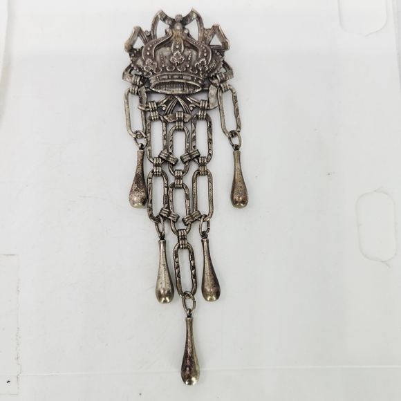 Antique Victorian Edwardian Sterling Silver Chatelaine Crown Brooch Pin 6
